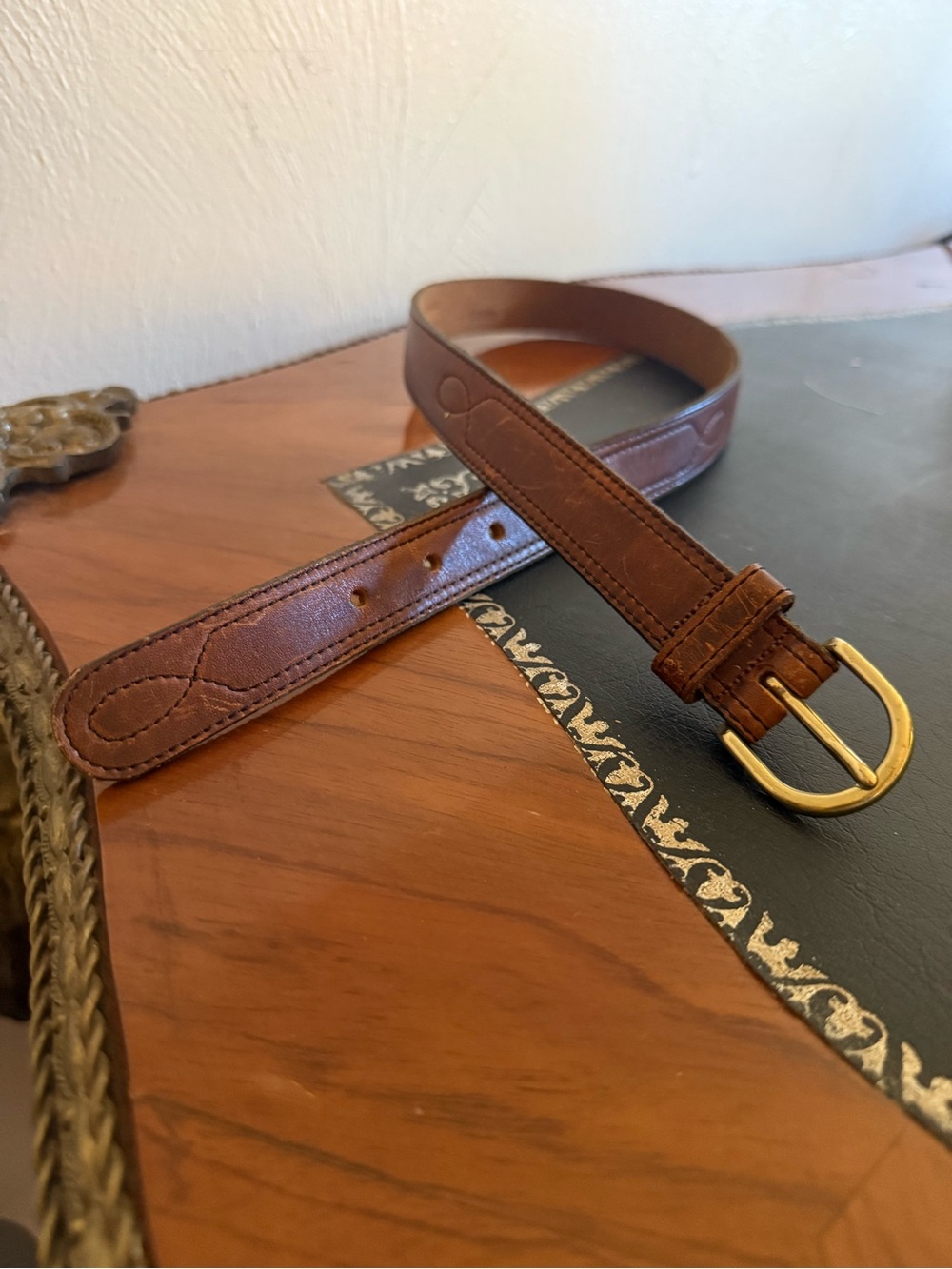 Vintage Brown Leather Belt with Gold Buckle